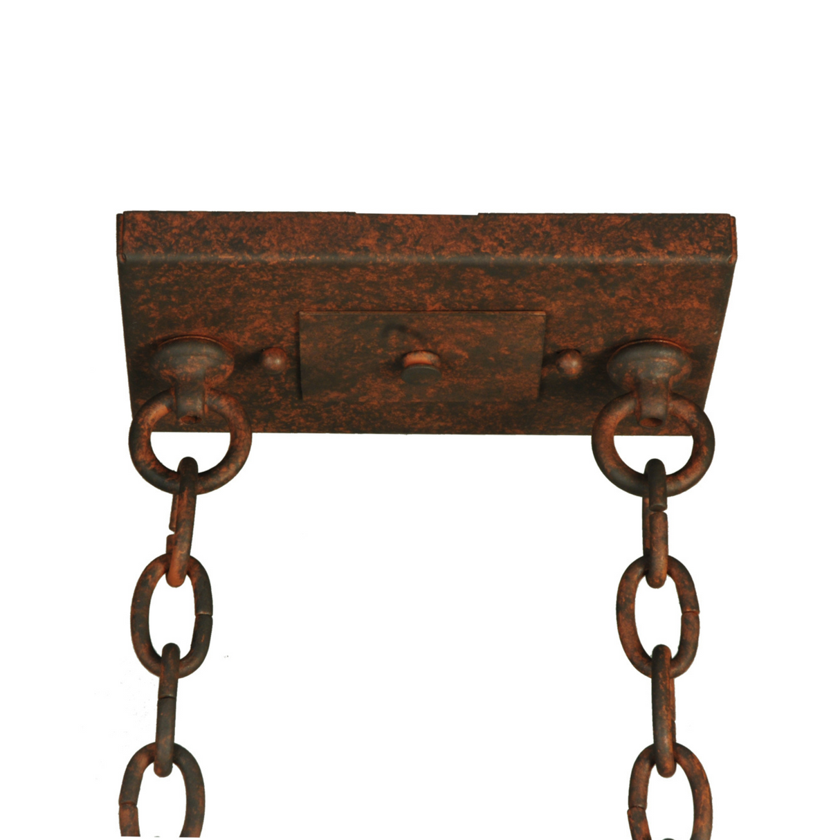 Close-up of ceiling canopy and hanging chain hardware.