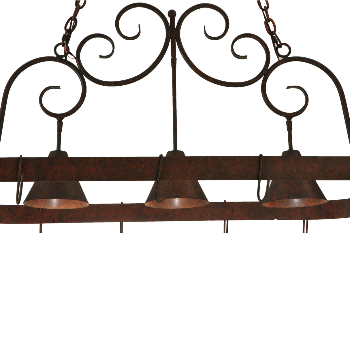 Detailed view of hand-forged scrollwork design on pot rack.