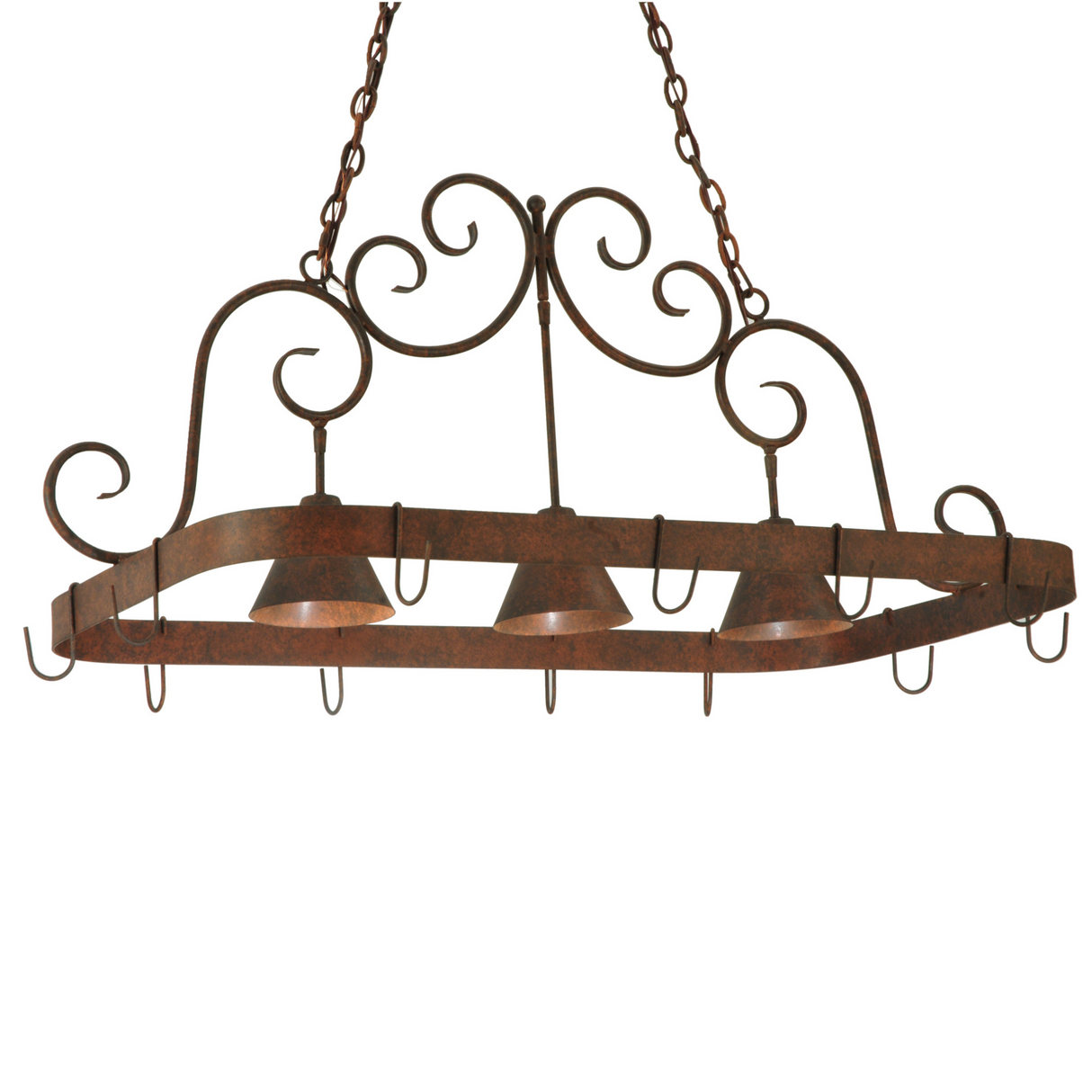 Angled front view of Elana 3-light pot rack chandelier.