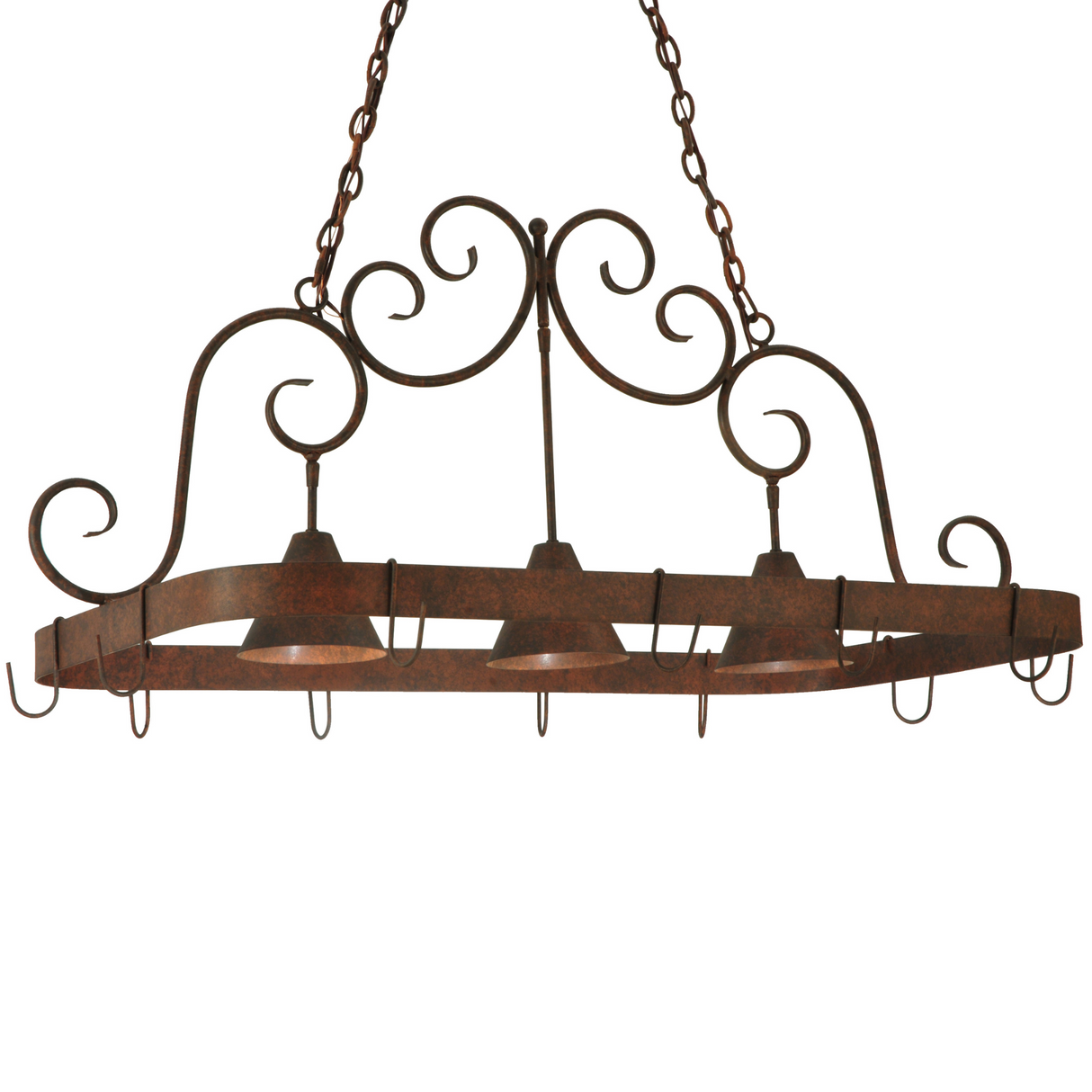 Front view of Elana 3-light pot rack with scroll design.