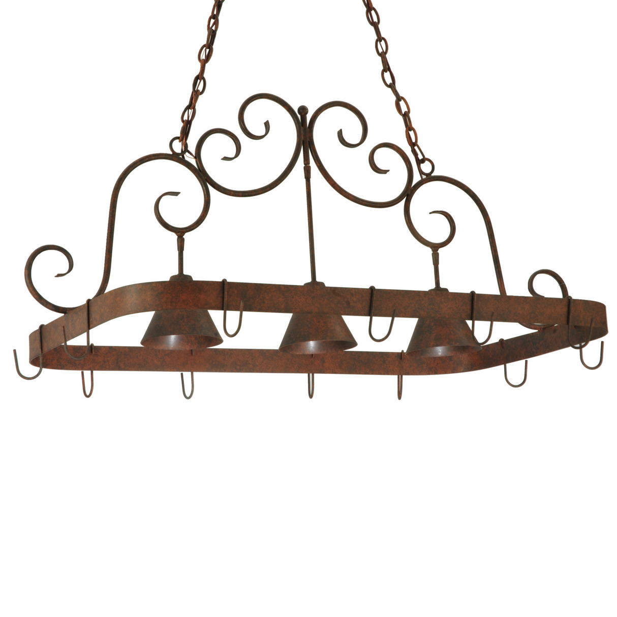 Full front view of Elana pot rack with three downlights.