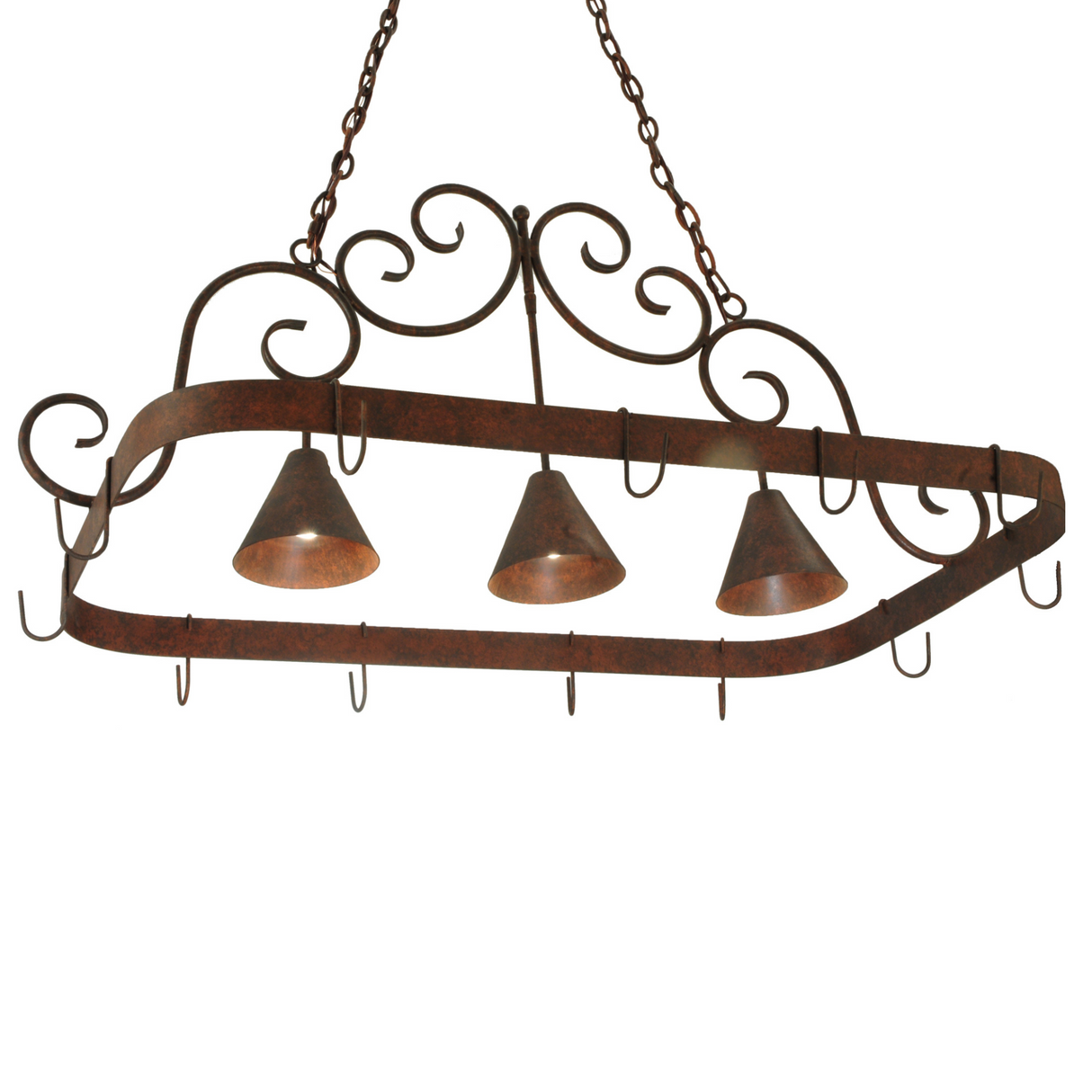 Side angle showing scroll arms and cone downlights.