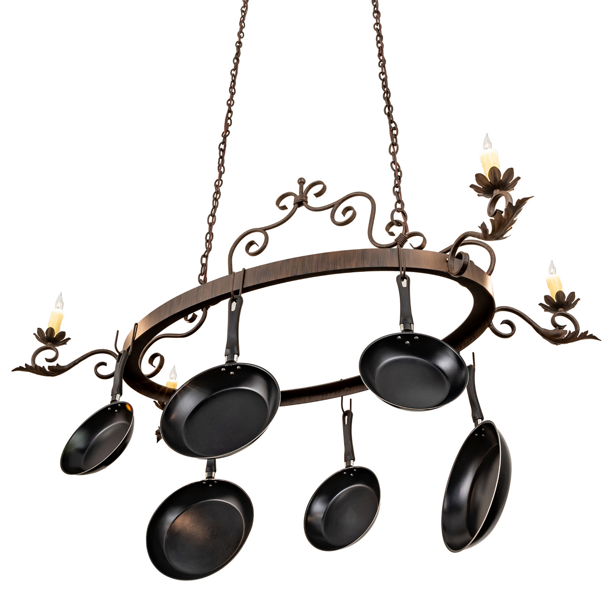 Bottom view showcasing hanging pans and light placement.