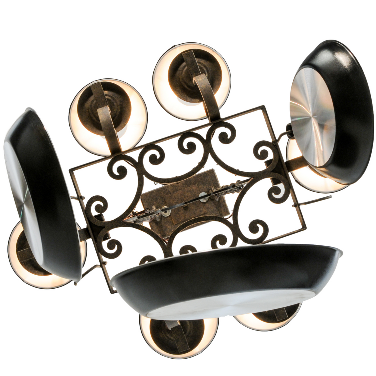 Bottom view of oblong Elara pot rack showing lights and cookware hooks.
