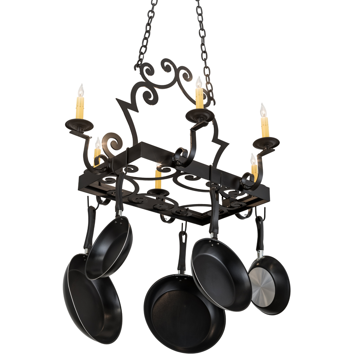 Close-up angle emphasizing scrollwork and hanging cookware hooks.