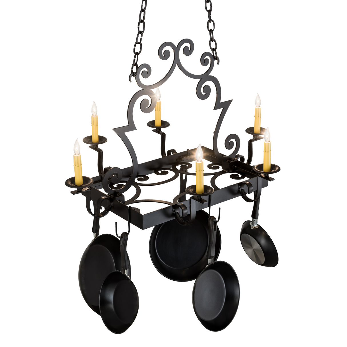 Angled view showing six candlelights and hanging pans on Elara.