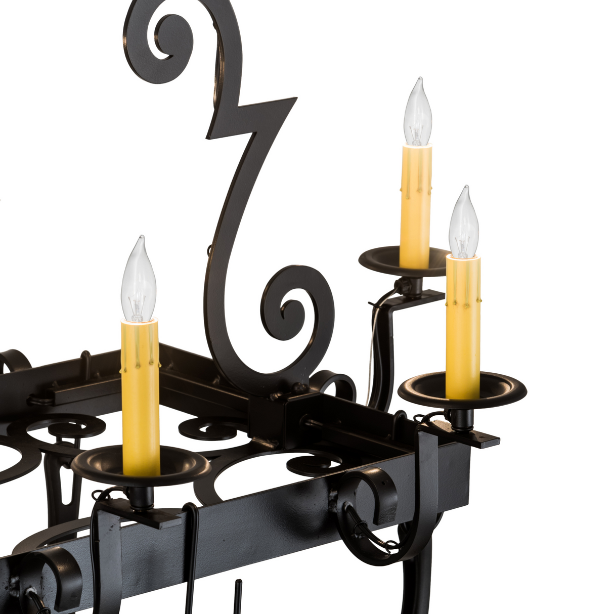 Close-up of arms and faux candles highlighting craftsmanship.
