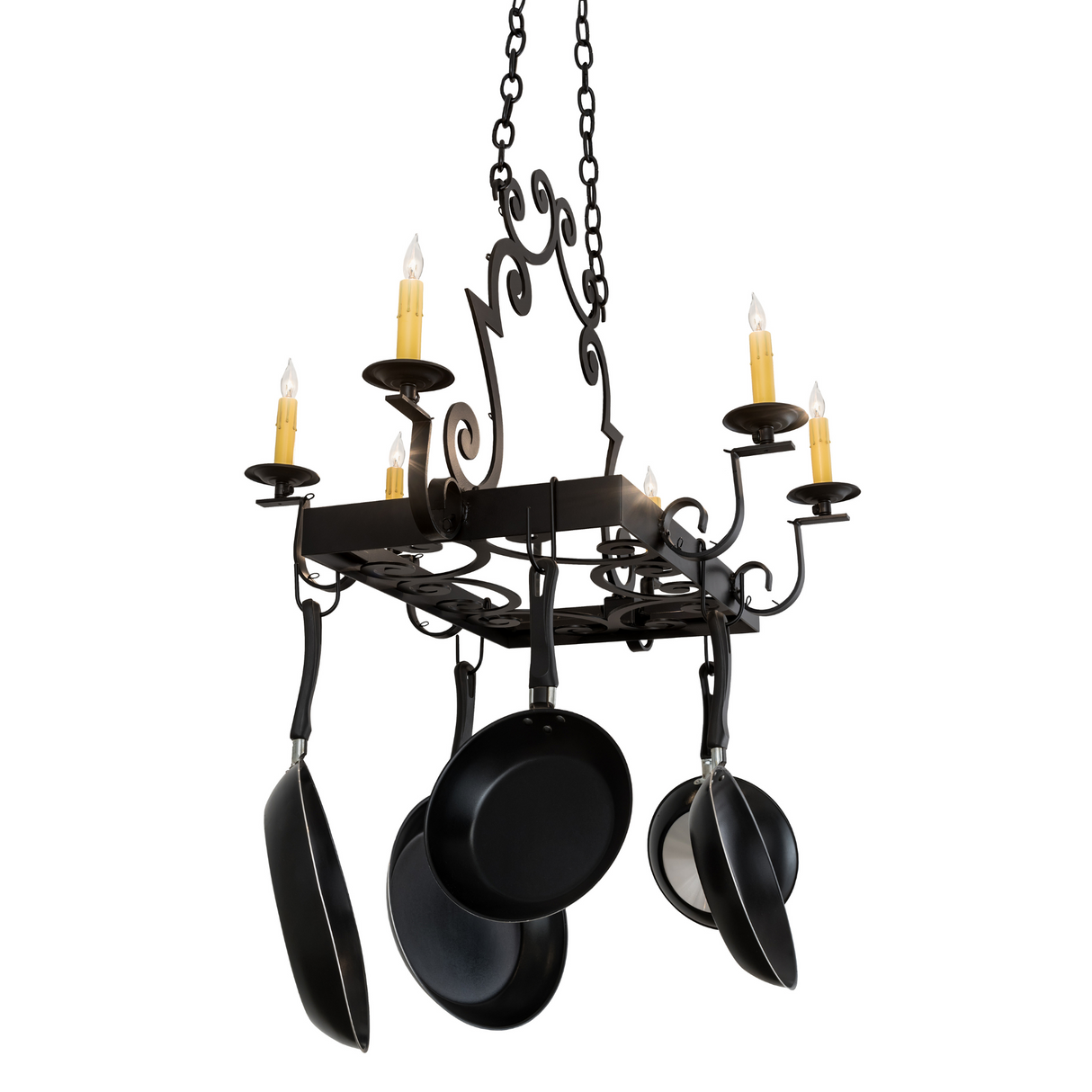 Diagonal perspective of Elara 6 Light chandelier pot rack.