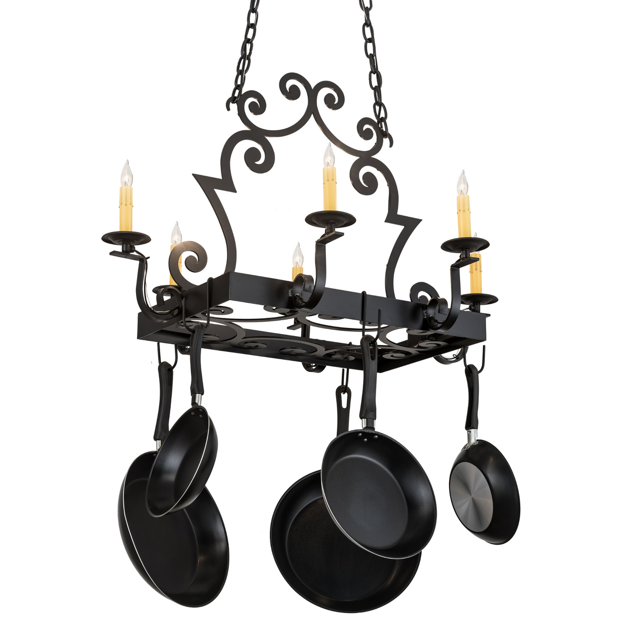 Front view of 35" Elara 6 Light Pot Rack chandelier with pans.