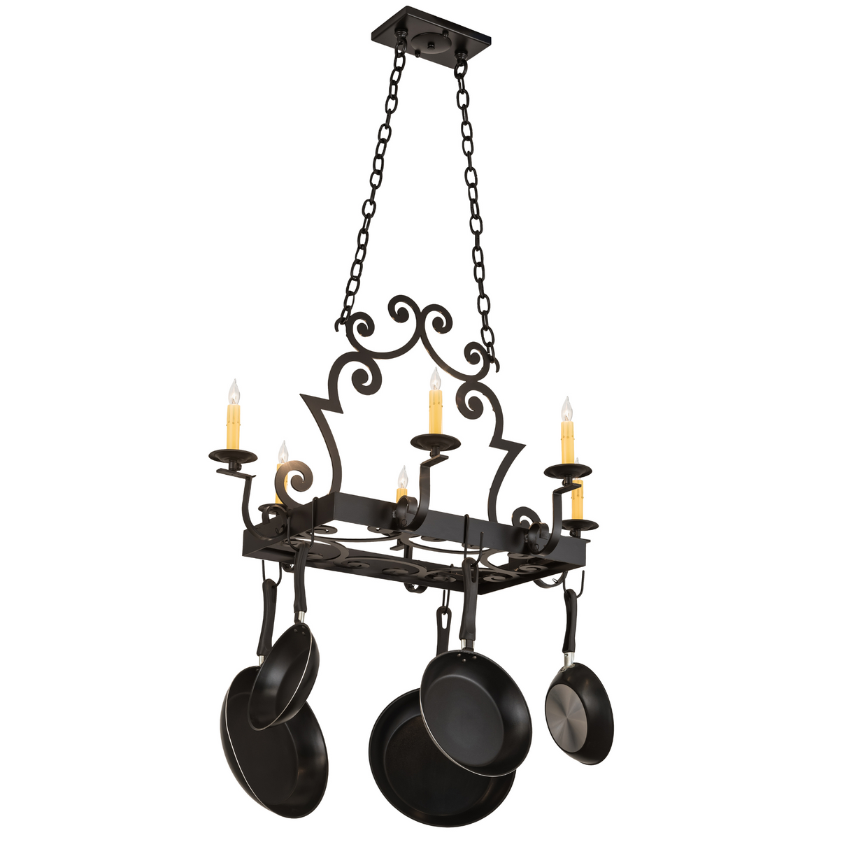 Full hanging view of Elara 6 Light Pot Rack with ceiling mount.