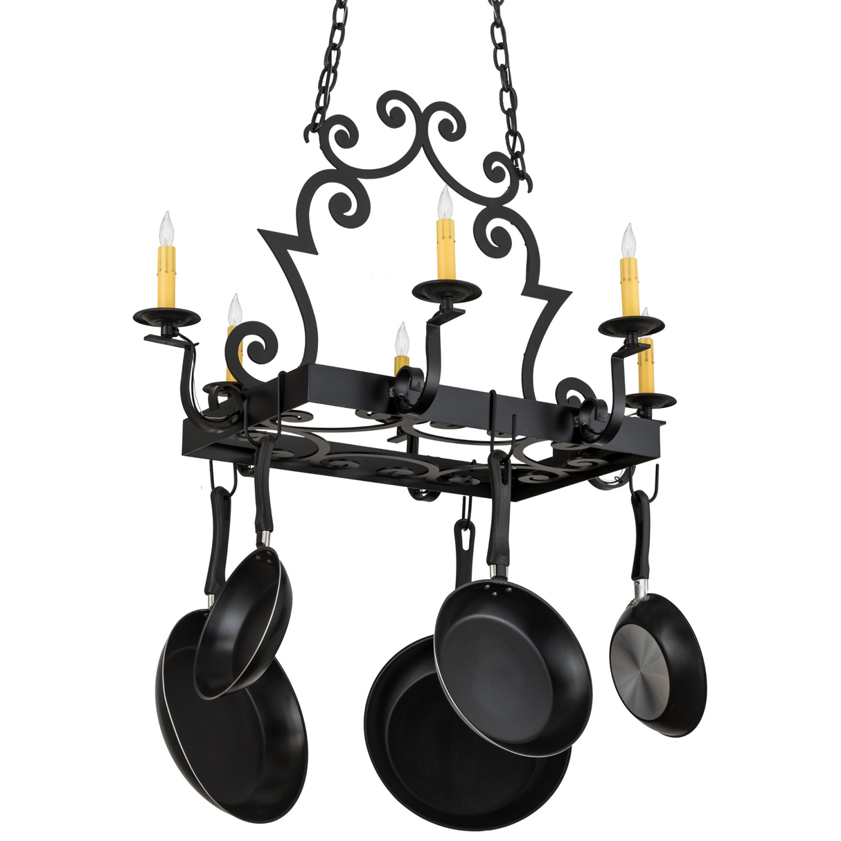 Side view of Elara 6 Light Pot Rack with blackwash scroll frame.