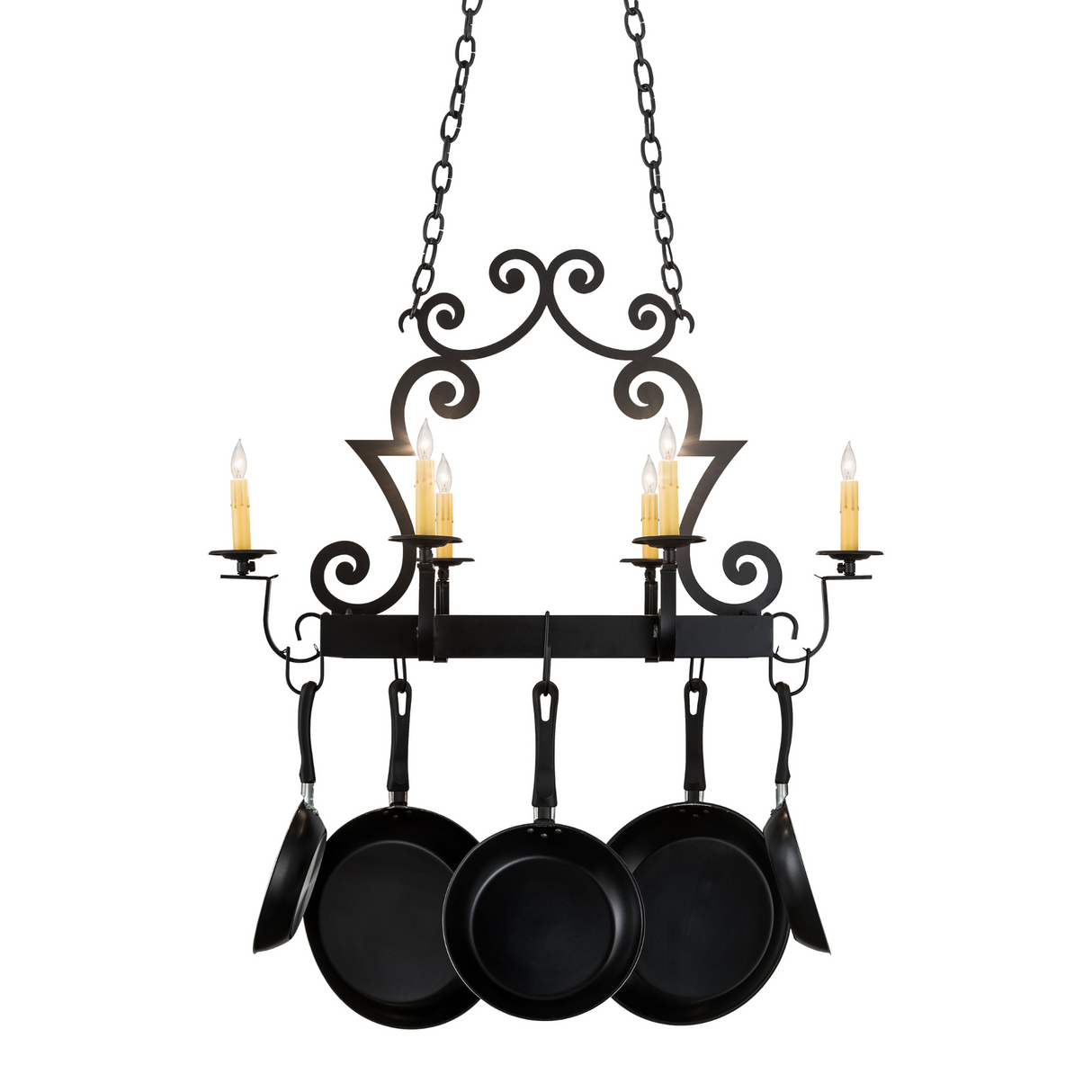 Straight-on view of Elara 6 Light Pot Rack displaying cookware.