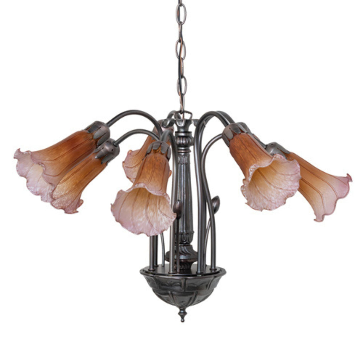 Elegant chandelier featuring amber and purple glass lily shades with a vintage metal frame.
