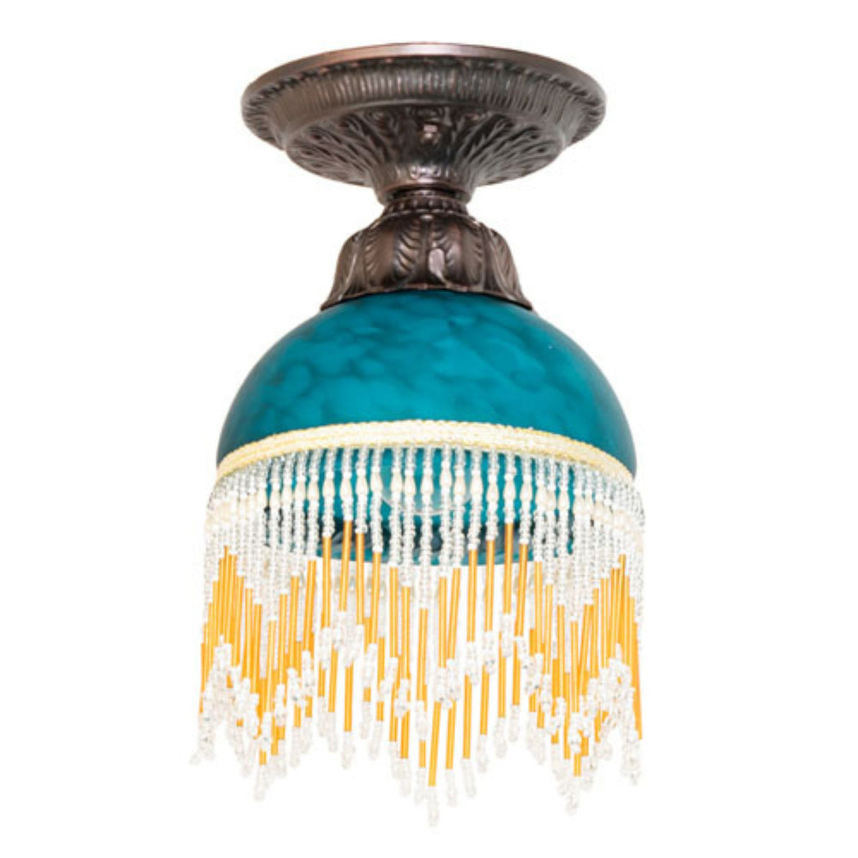 Elegant flushmount light featuring deep blue glass and a zigzag crystal bead pattern.