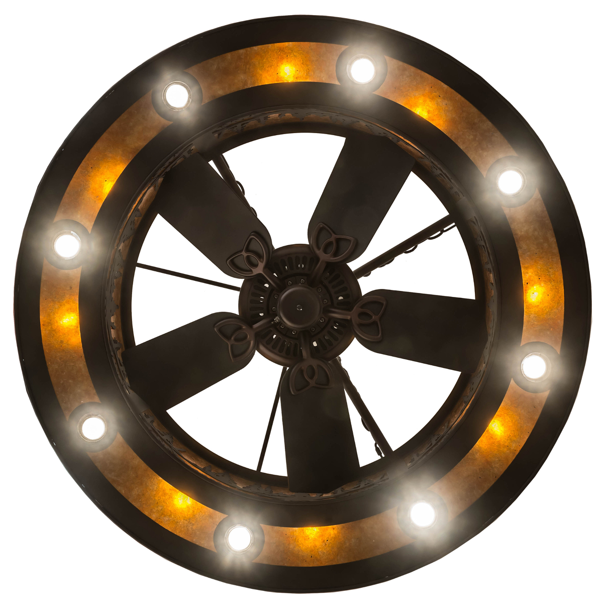 Direct bottom lit view revealing fan layout and glowing mica ring.