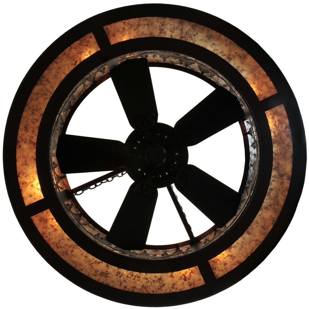 Bottom lit view showing five fan blades and glowing mica diffuser.