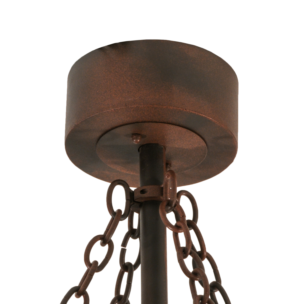 Closeup of ceiling canopy and chain mount in rust finish.