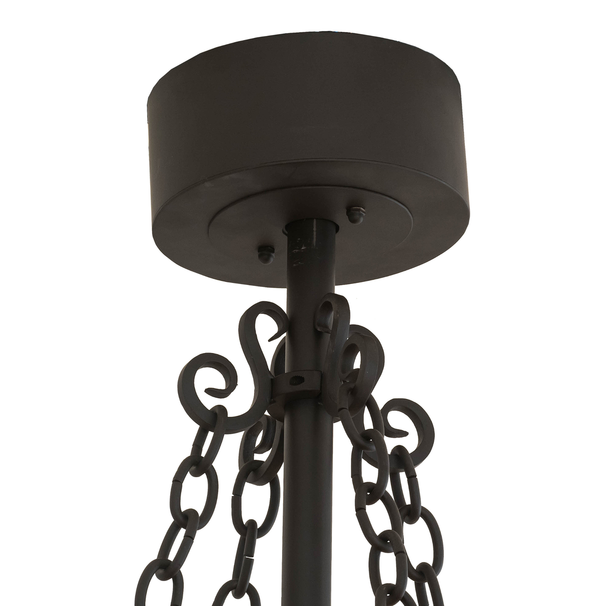 Canopy closeup showing bronze ceiling mount and support rod.