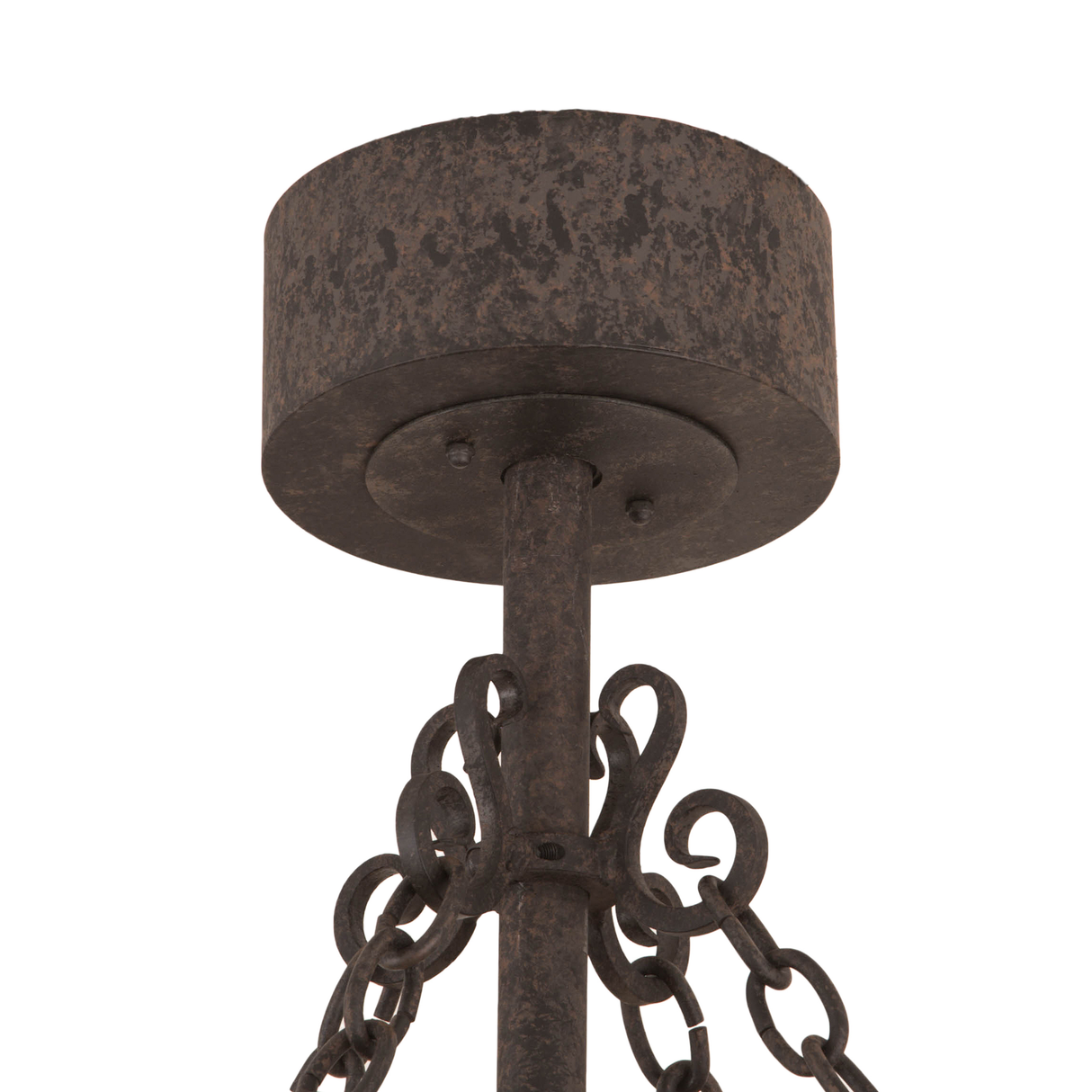 Close-up of canopy and chain suspension with textured Coffee Bean finish.