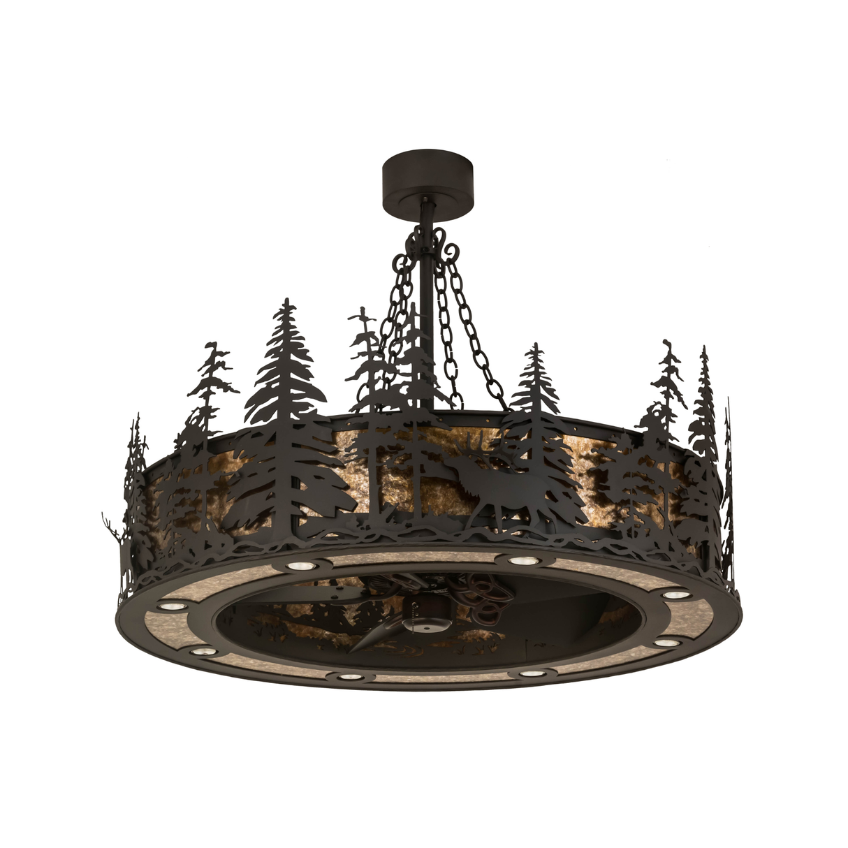 Front angled unlit view displaying elk and tree metalwork details.
