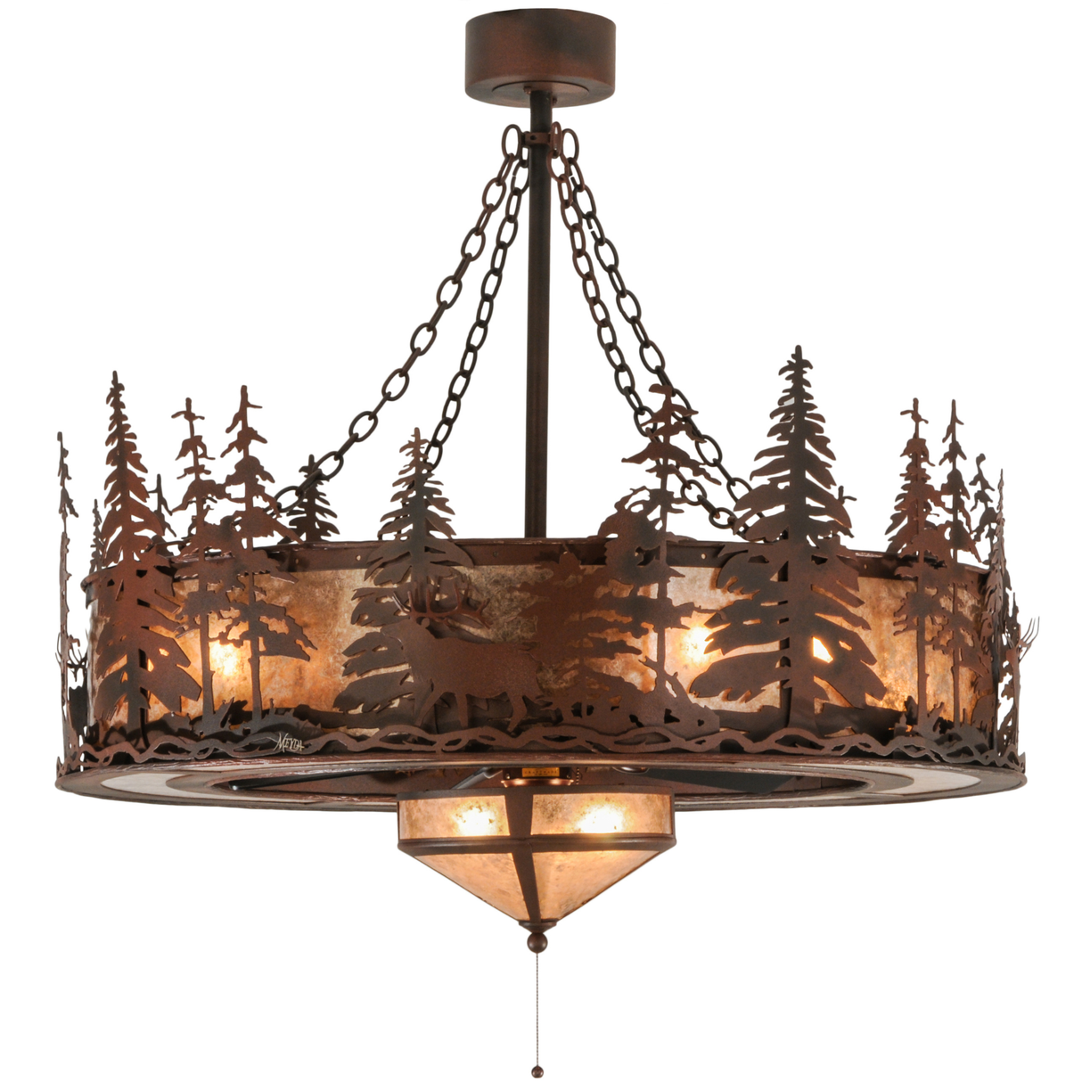 Side lit view showing detailed elk and tree silhouette artwork.