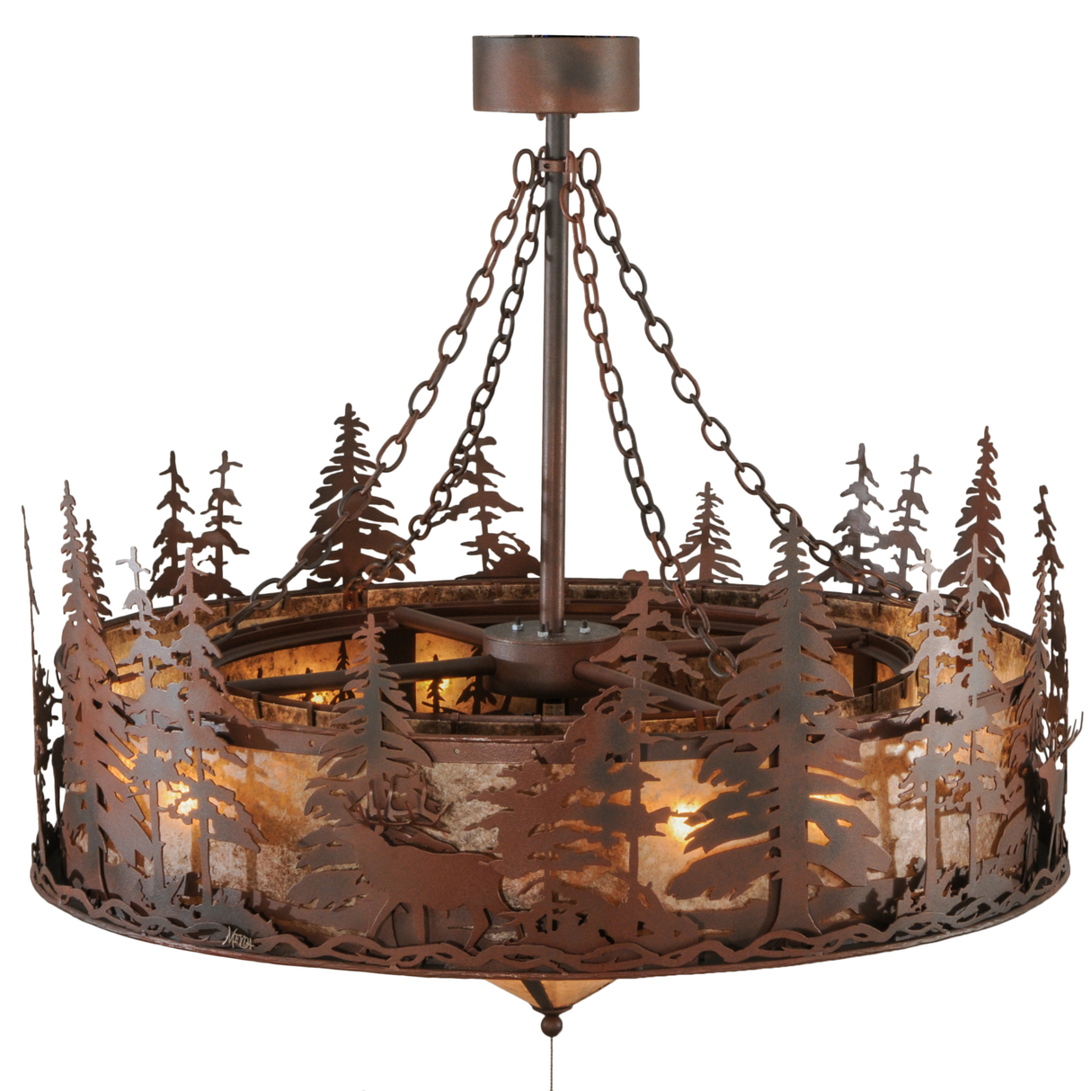 Top angle lit view showing layered pine forest and mica glow.