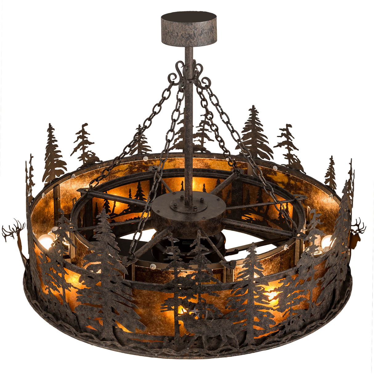 Top angled lit view showing forest design and suspended chain details.