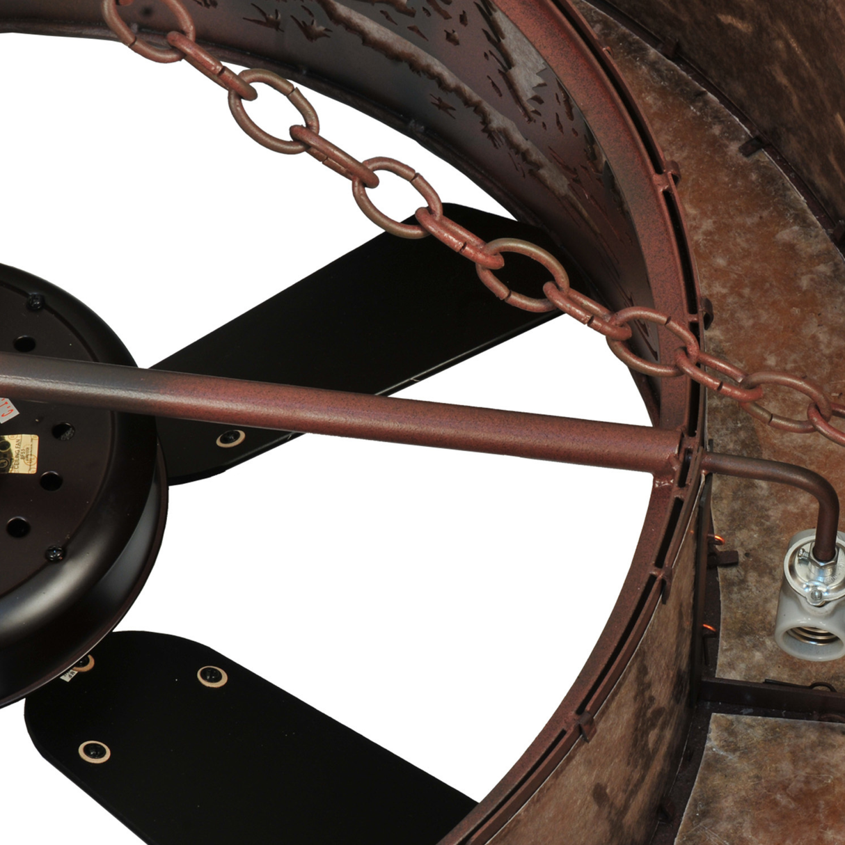 Top view highlighting black fan blades and rustic interior frame.