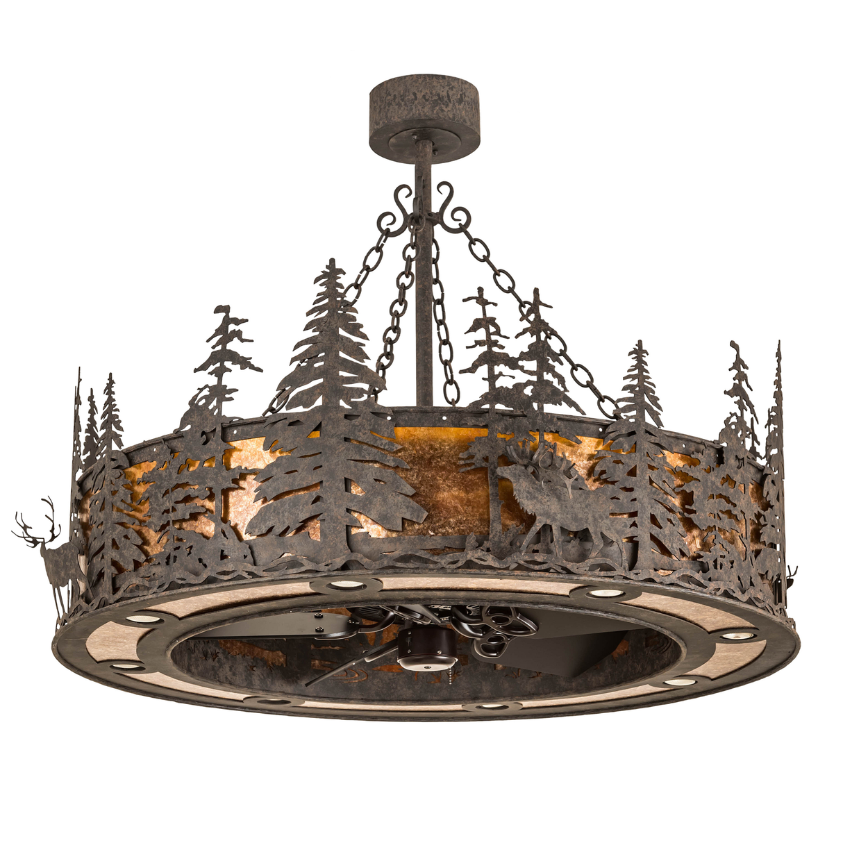 Unlit angled view showcasing elk and pine forest metal silhouettes.