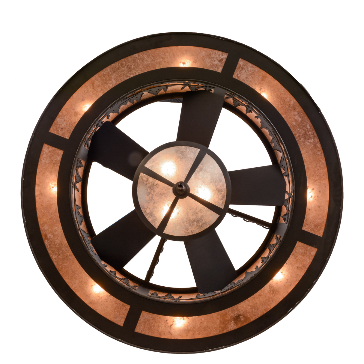 Bottom lit view revealing fan blades and circular lighting.