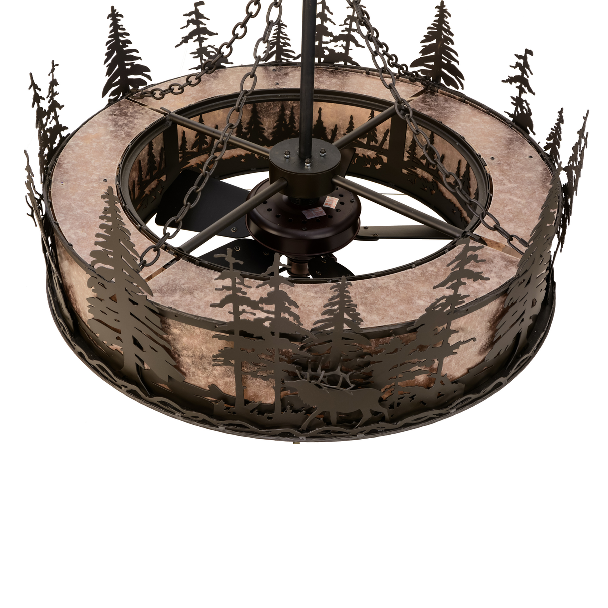 Top angle unlit view showing fan assembly and chain supports.