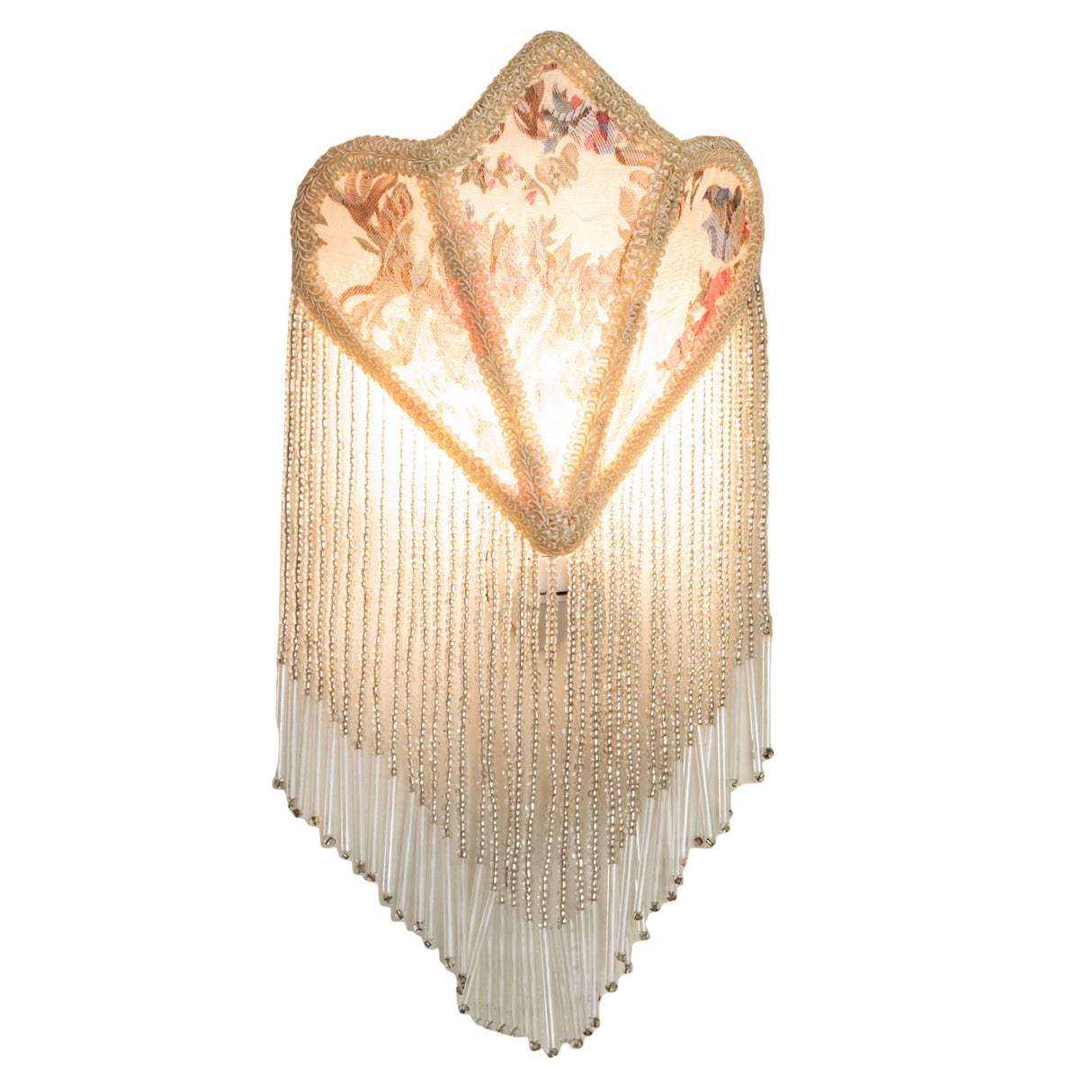 Illuminated Fabric & Fringe Floral Night Light with an ivory floral fabric shade and beaded fringe.