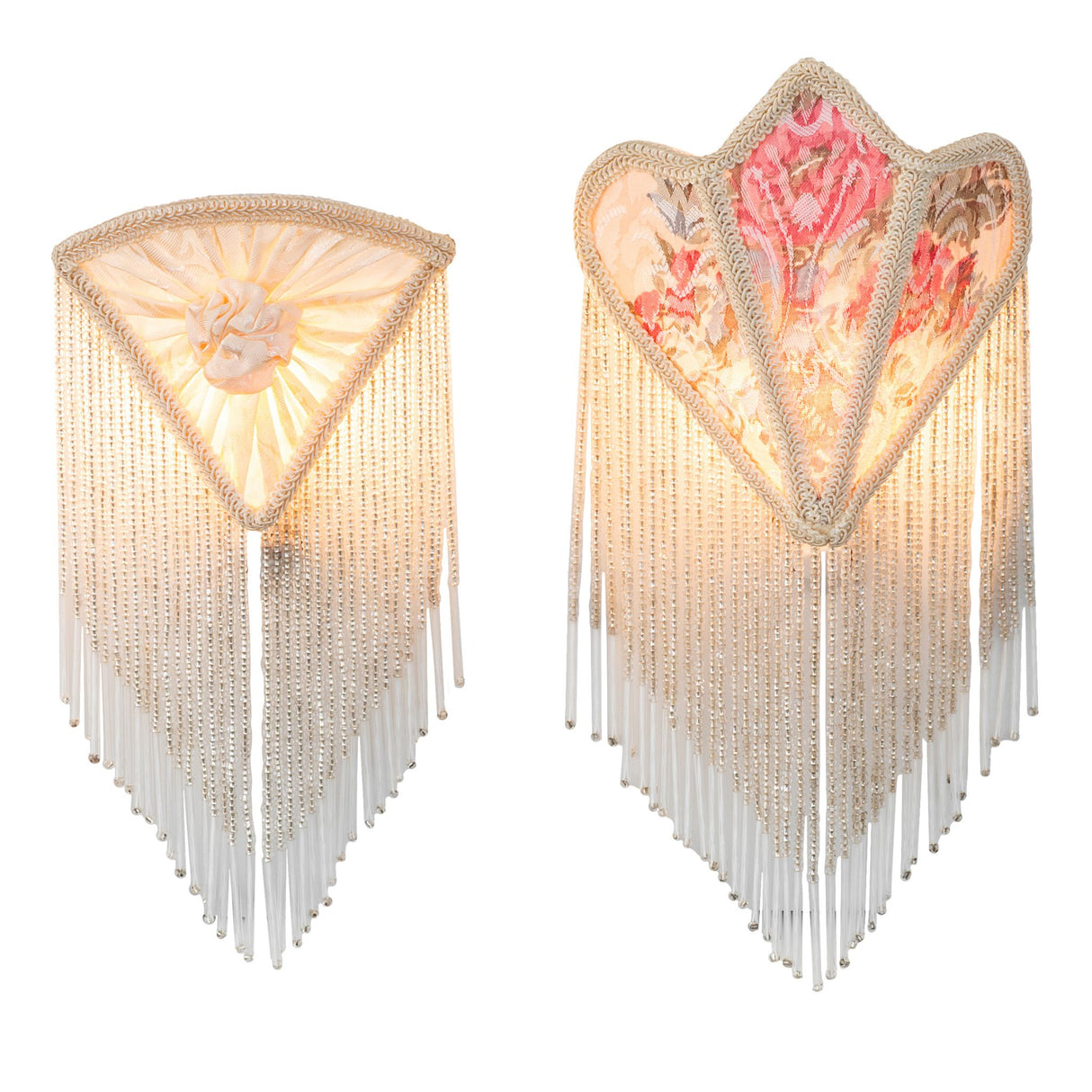 Lit floral night lights with glowing fringe shades.