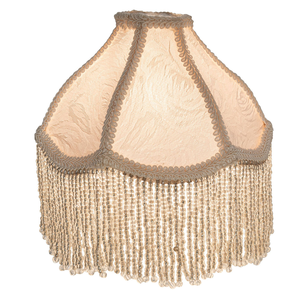 Lit view showcasing its warm ivory damask fabric and delicate beaded fringe.