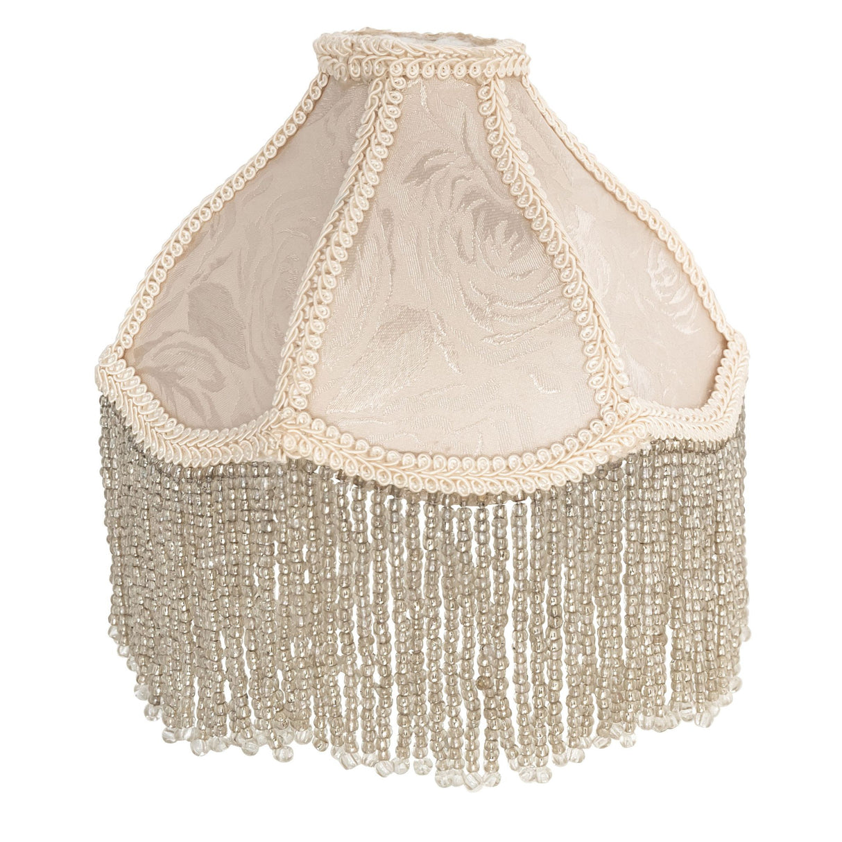 Unlit view of the Ivory Shade, highlighting its elegant Victorian-style fabric and intricate trim.