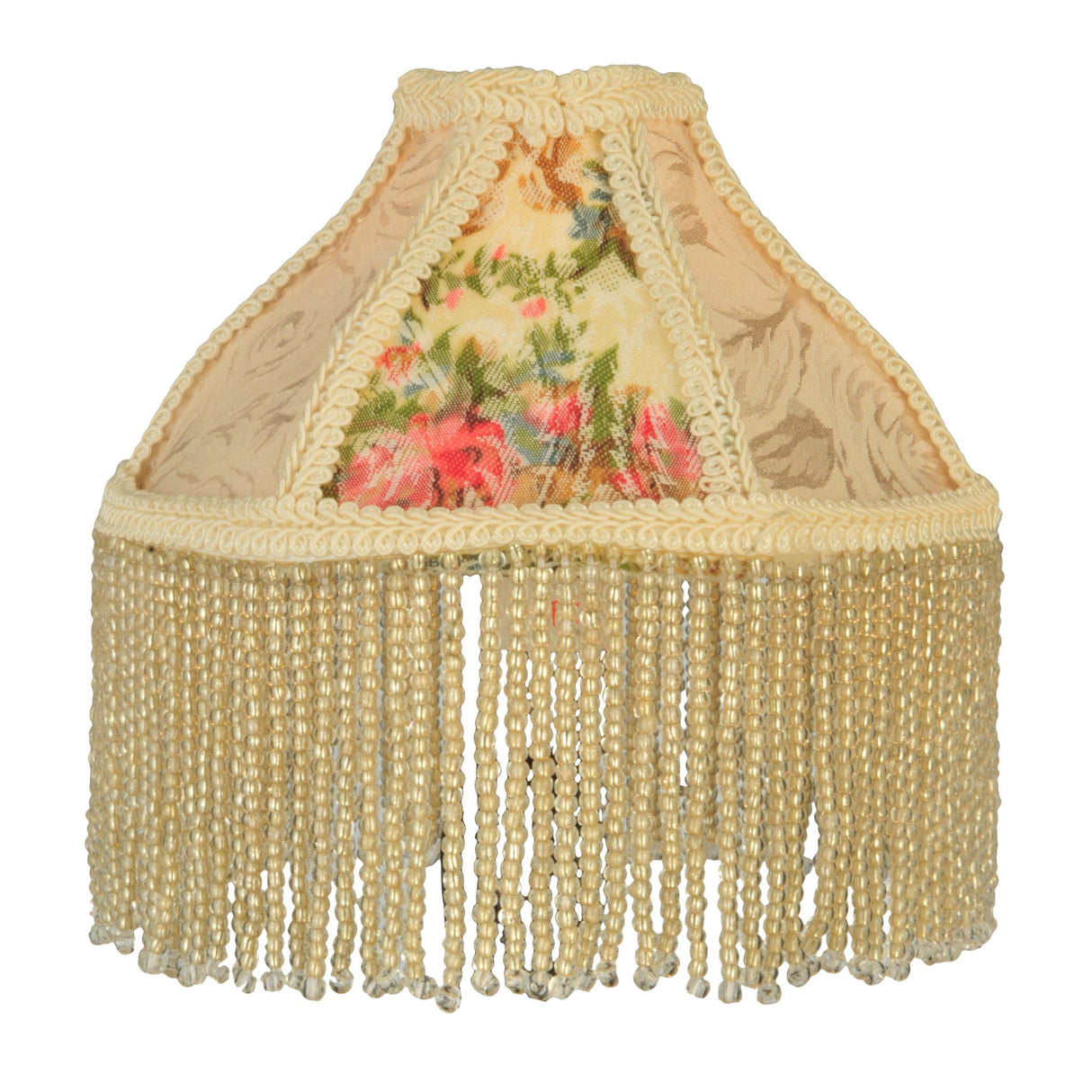 6" wide fabric and fringe roses shade with floral accents.