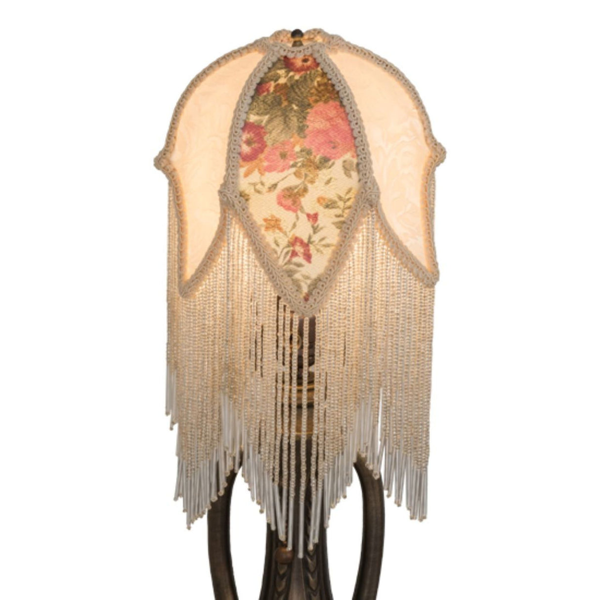 Lit view of the Tulip Shade with elegant beaded fringe and floral damask fabric.