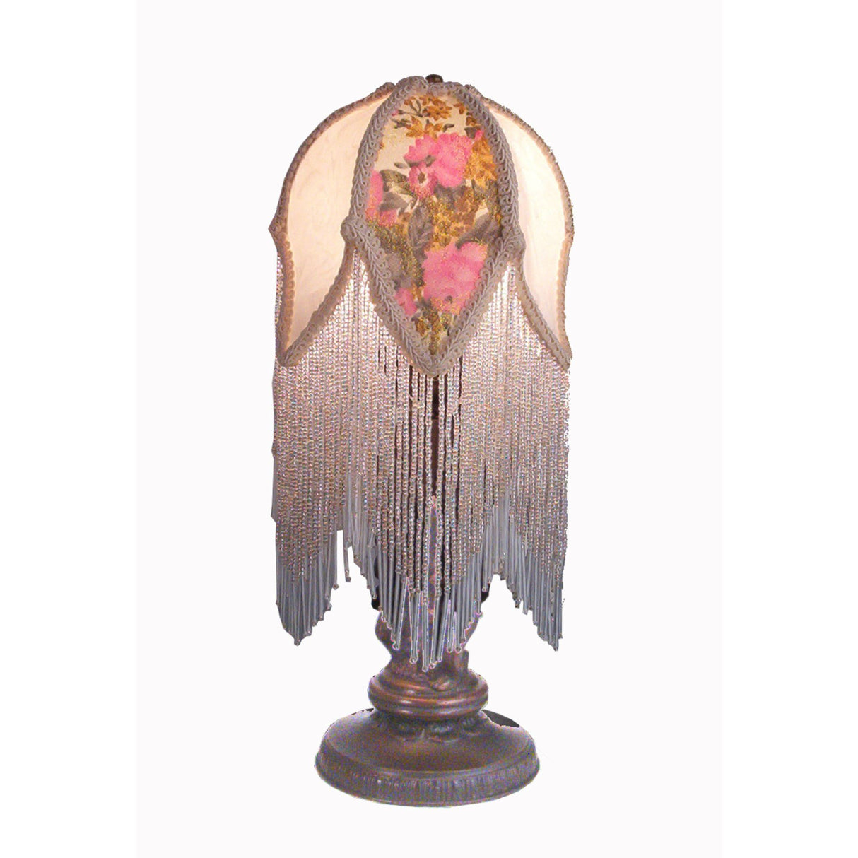 Fabric and Fringe Victorian Tulip Mini Lamp with beaded fringe and floral damask shade.