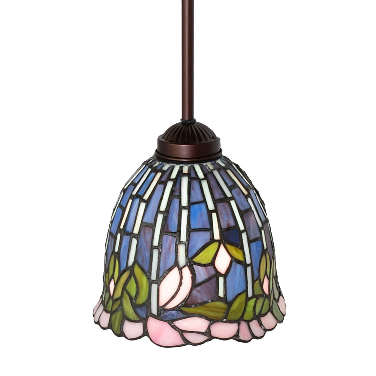 Angled view of the Tiffany Flowering Lotus Mini Pendant with colorful glass design.