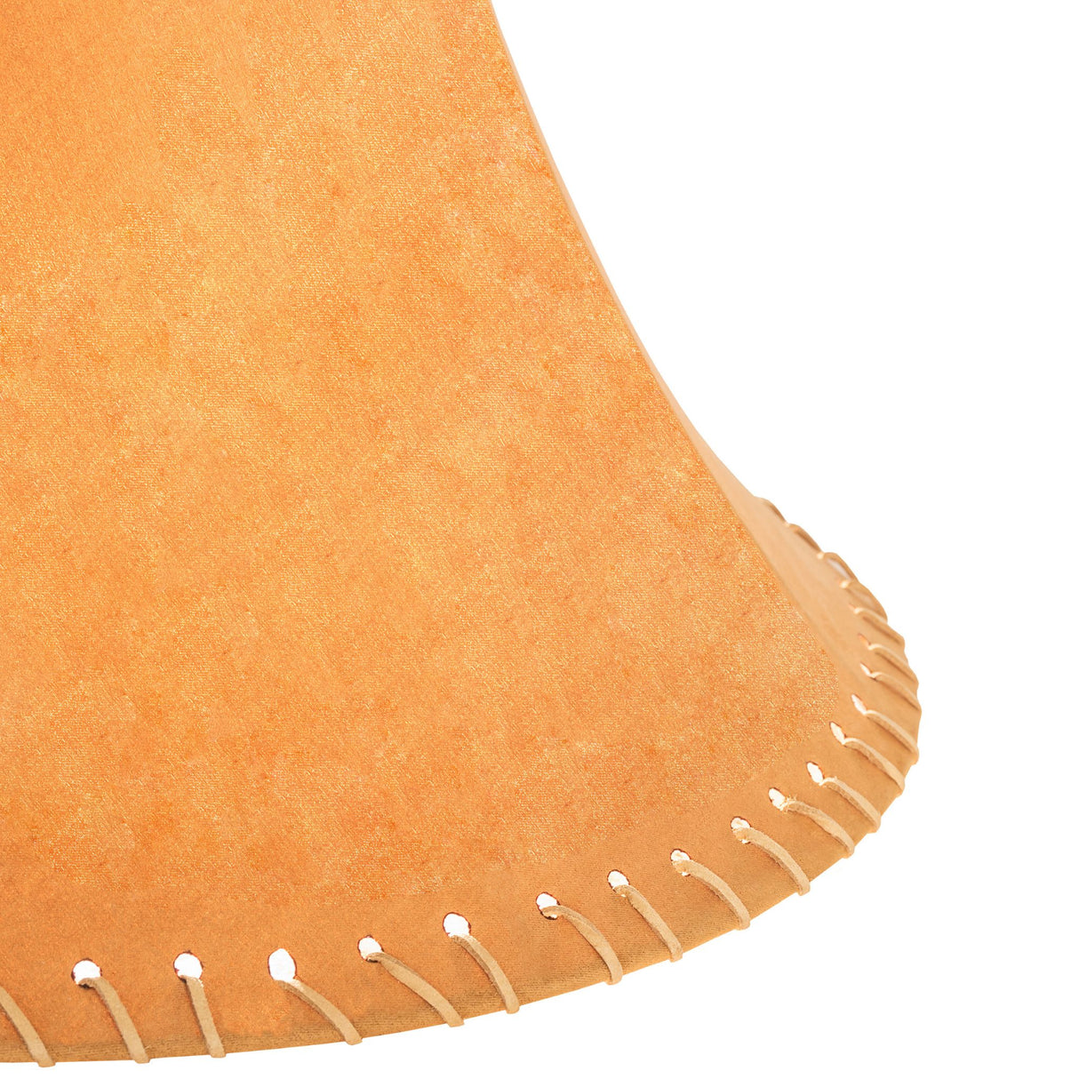Closeup of the bottom edge of the hexagon shade with intricate faux leather lacings.
