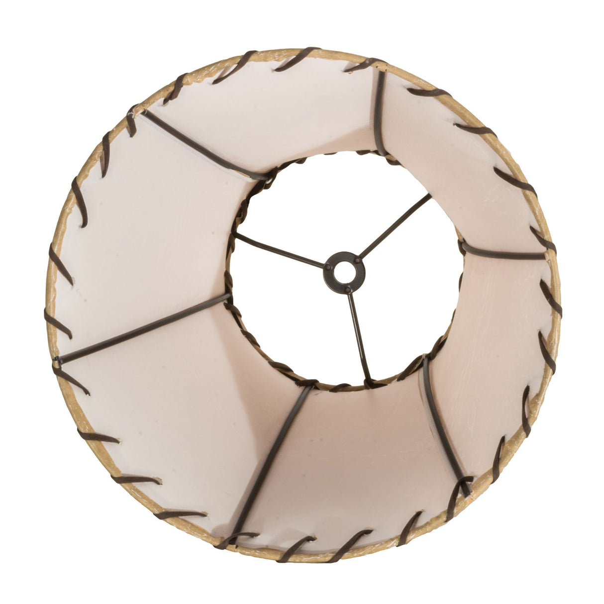 Bottom view of tan faux leather hexagon shade showing inner frame.