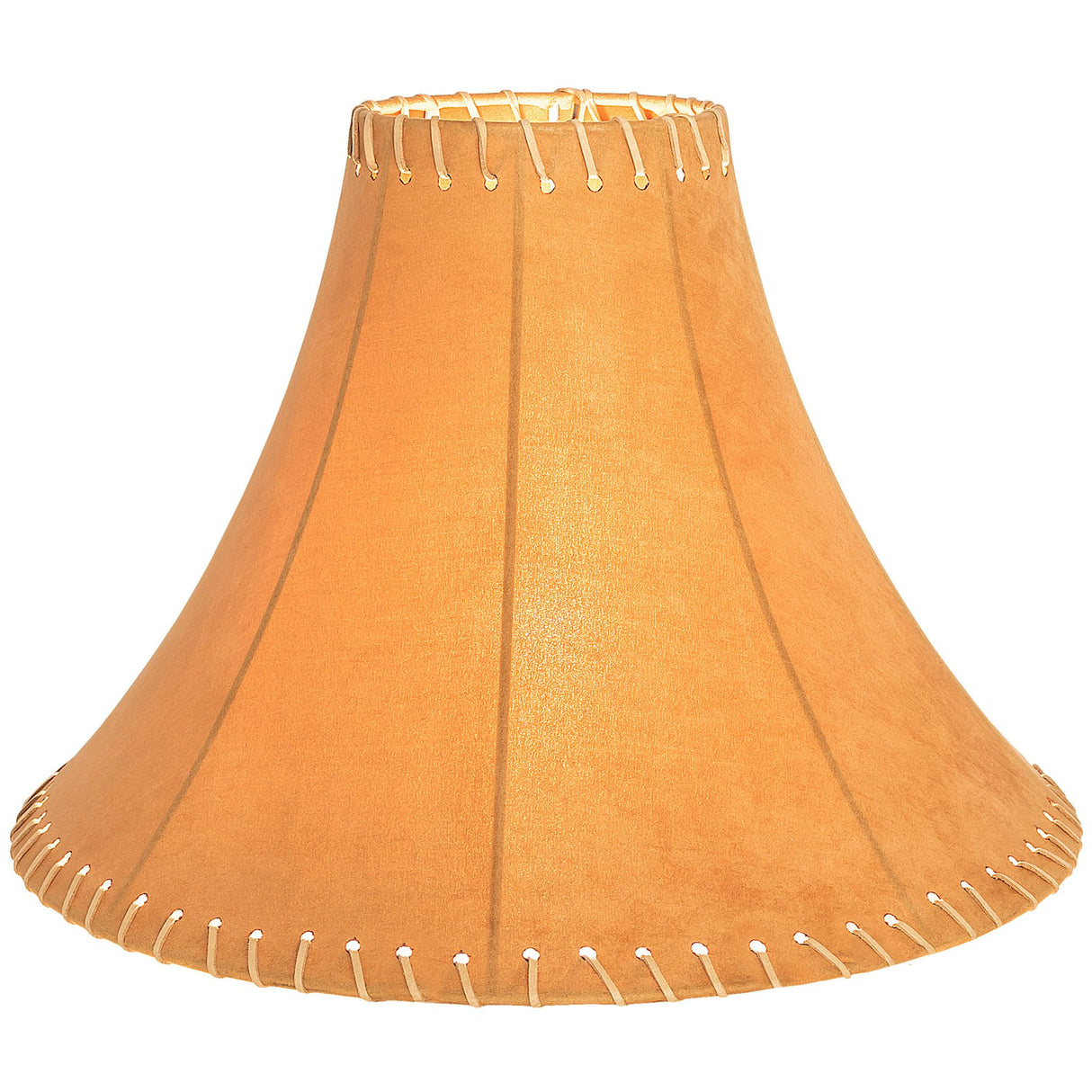 Lit view of the dark tan hexagon shade with warm glow and leather-like details.
