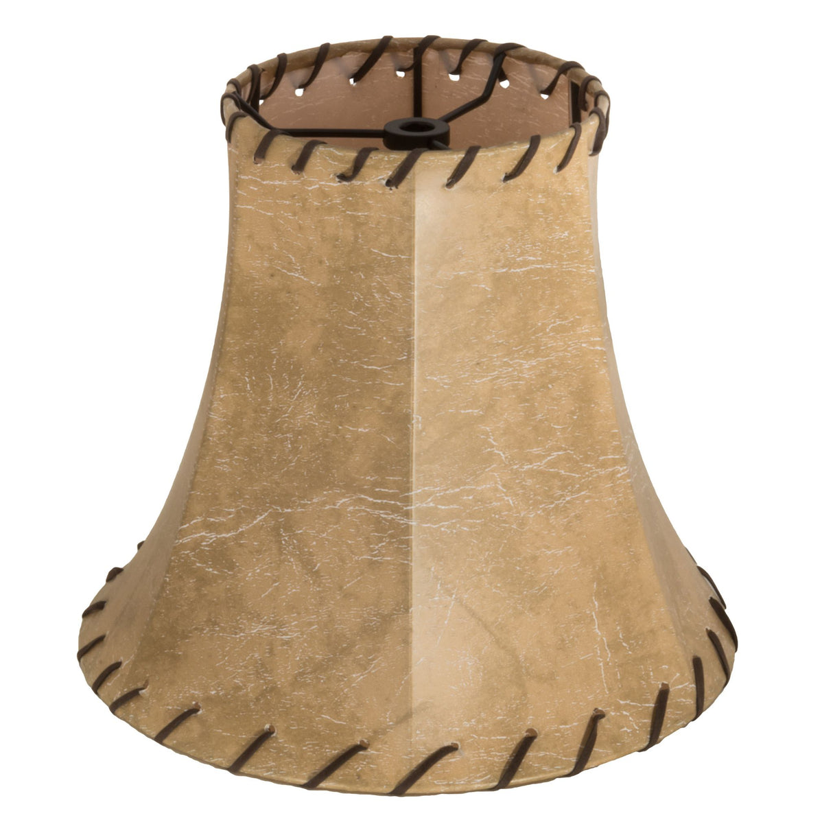 Unlit tan faux leather hexagon shade with stitched details.