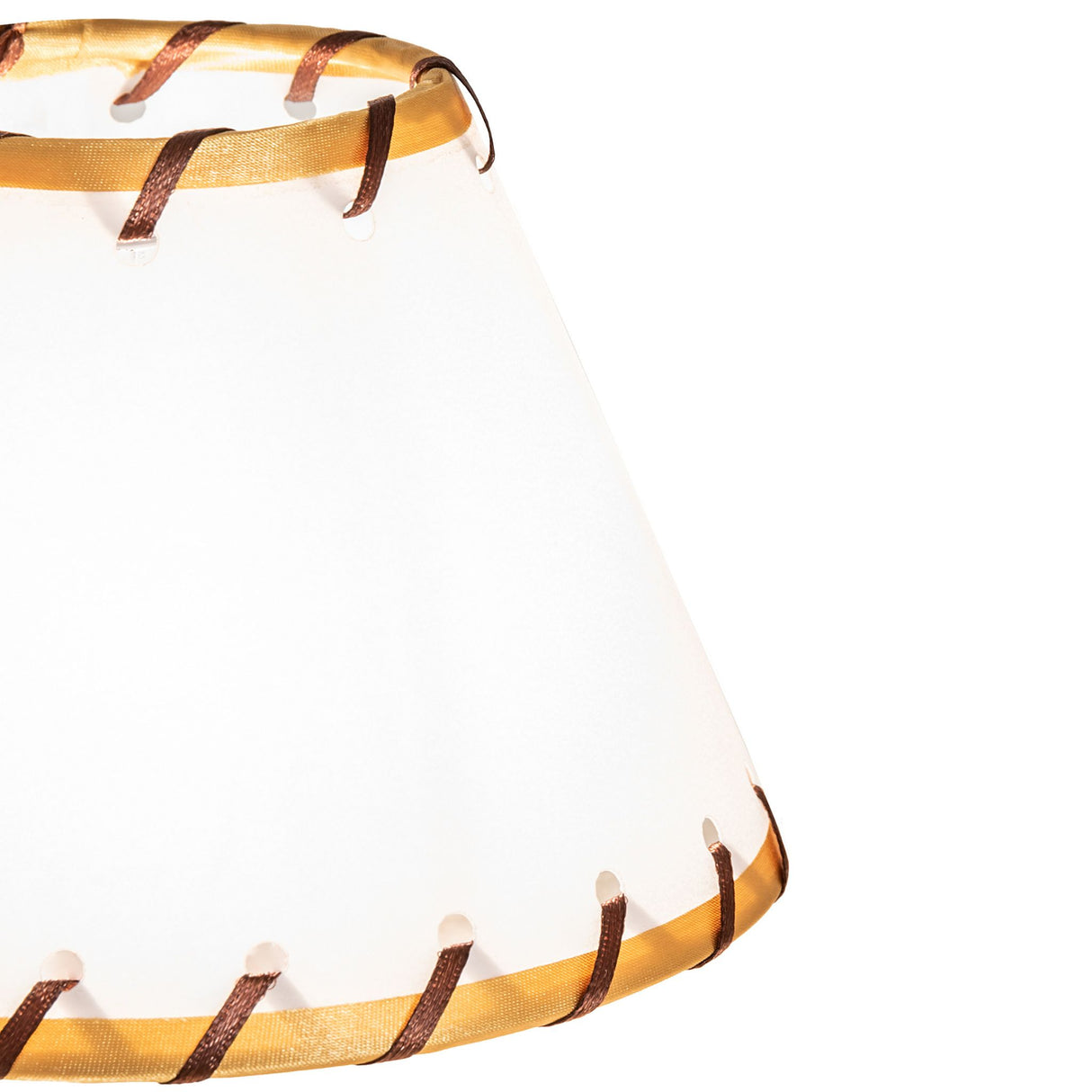 closeup view of rawhide accents and linen texture on faux rawhide shade.