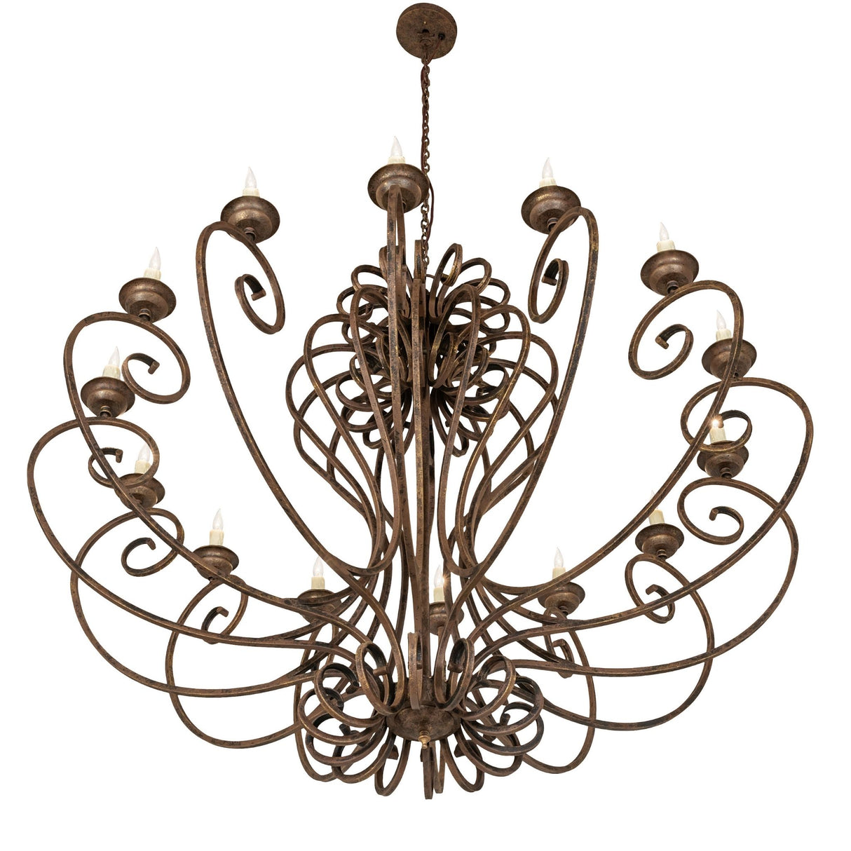 Angled view of Fernando chandelier highlighting hand forged scrollwork frame.