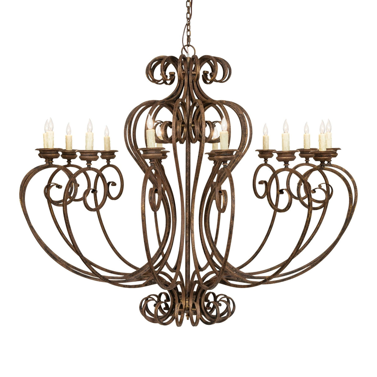 Side view of Fernando 14 light chandelier showing curved iron scroll arms.