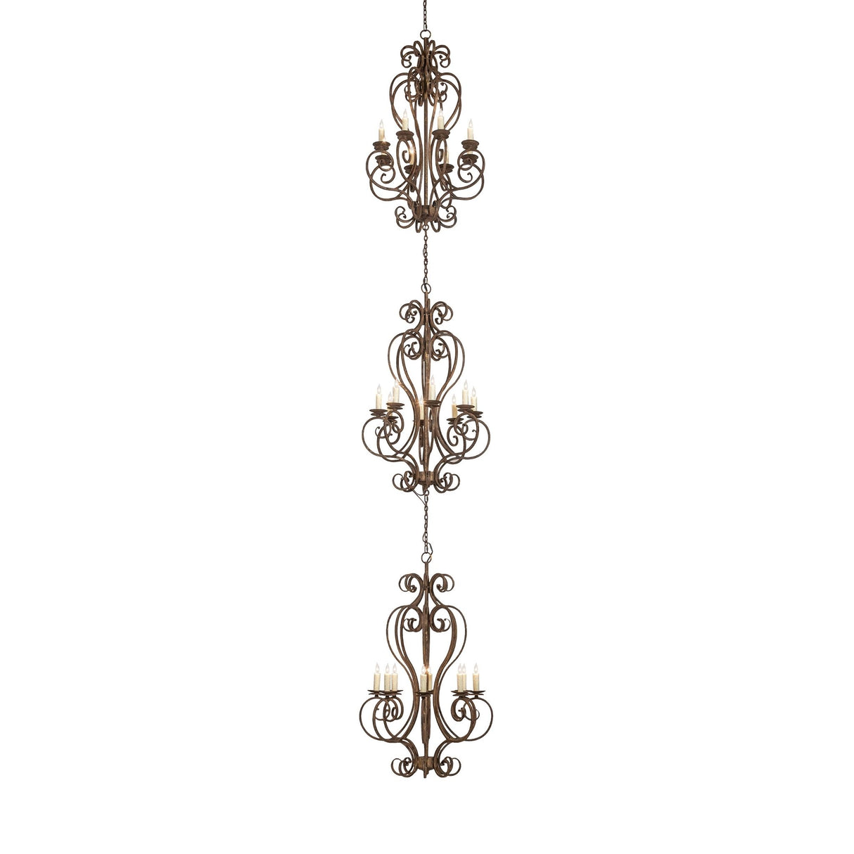 Lit view of three-tier chandelier with scrollwork design and faux candlelights.