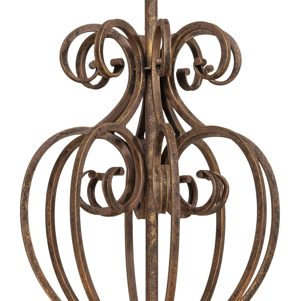 Close-up of Fernando chandelier scrollwork detailing in antiquity finish.