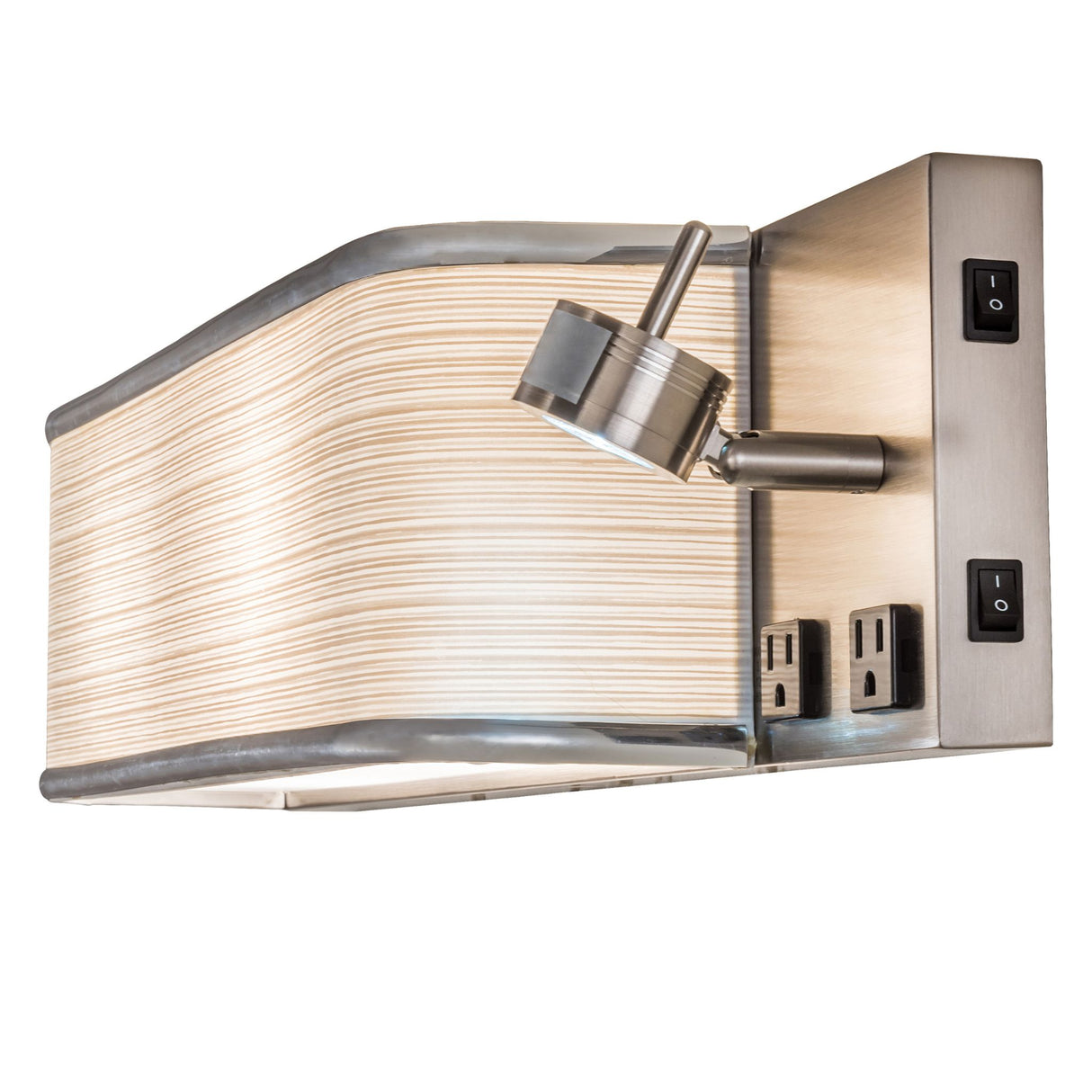 Angled view of the Finley wall sconce with brushed metal finish and built-in spotlight.