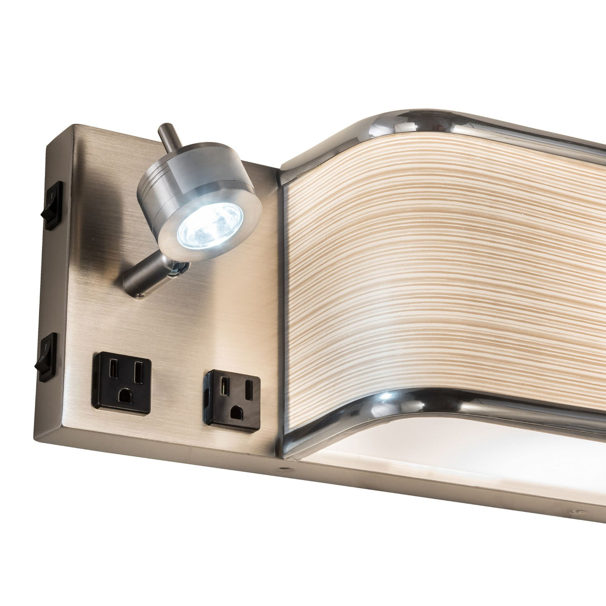 Close-up of brushed nickel wall sconce’s light and outlets.